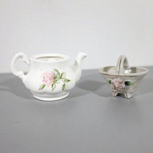 2/$20 Porcelain Lot of Tea Pot and Flower Basket Center Piece Figures Miniatures